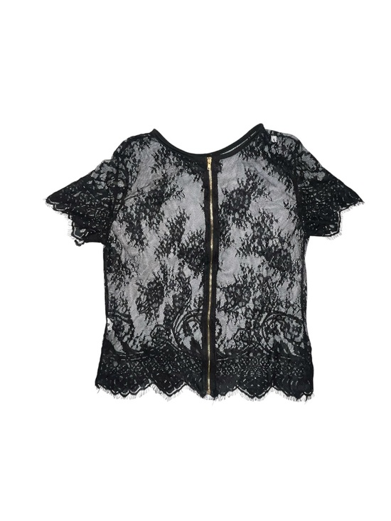SHEIN Tops - SHEIN Lace Zip Up Back Short Sleeve Shirt Black Fitted Size XL